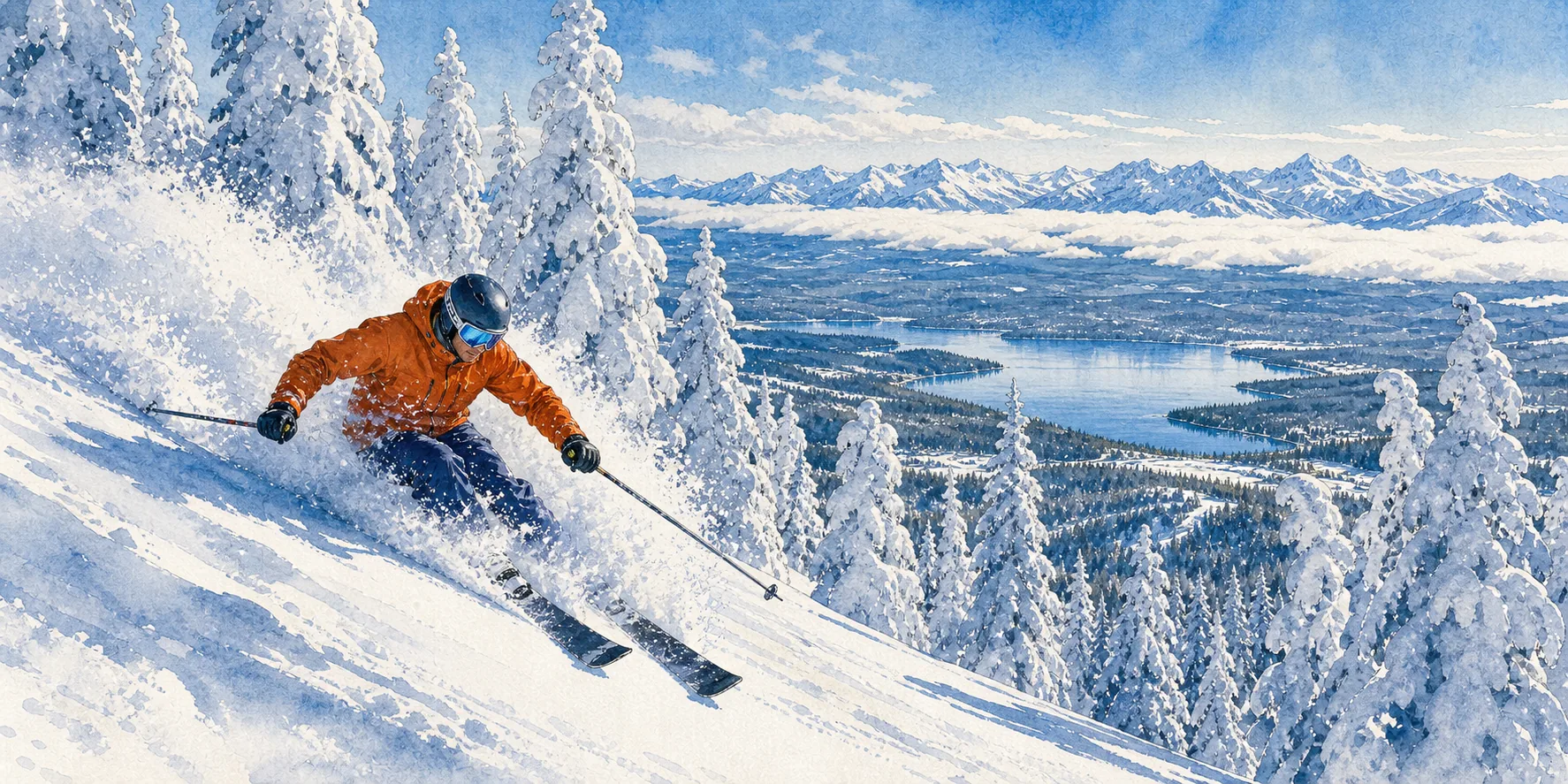 Watercolor of a skier carving through powder on Big Mountain above Whitefish Lake