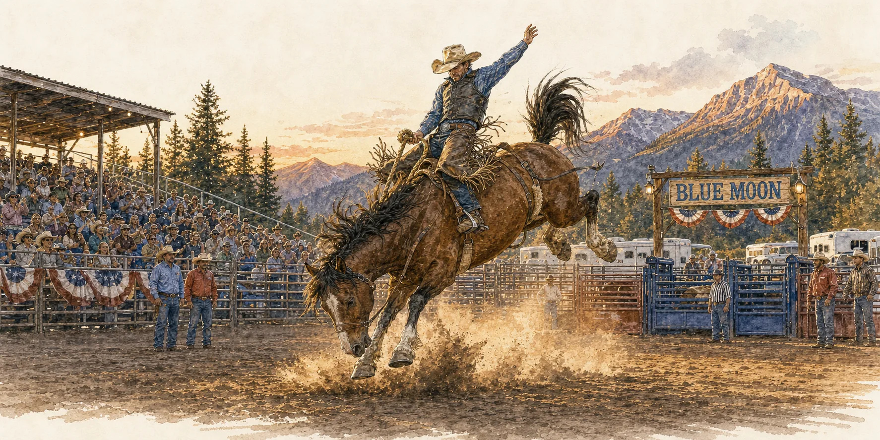 Watercolor of a bronc rider at the Blue Moon rodeo with the grandstand and mountains behind