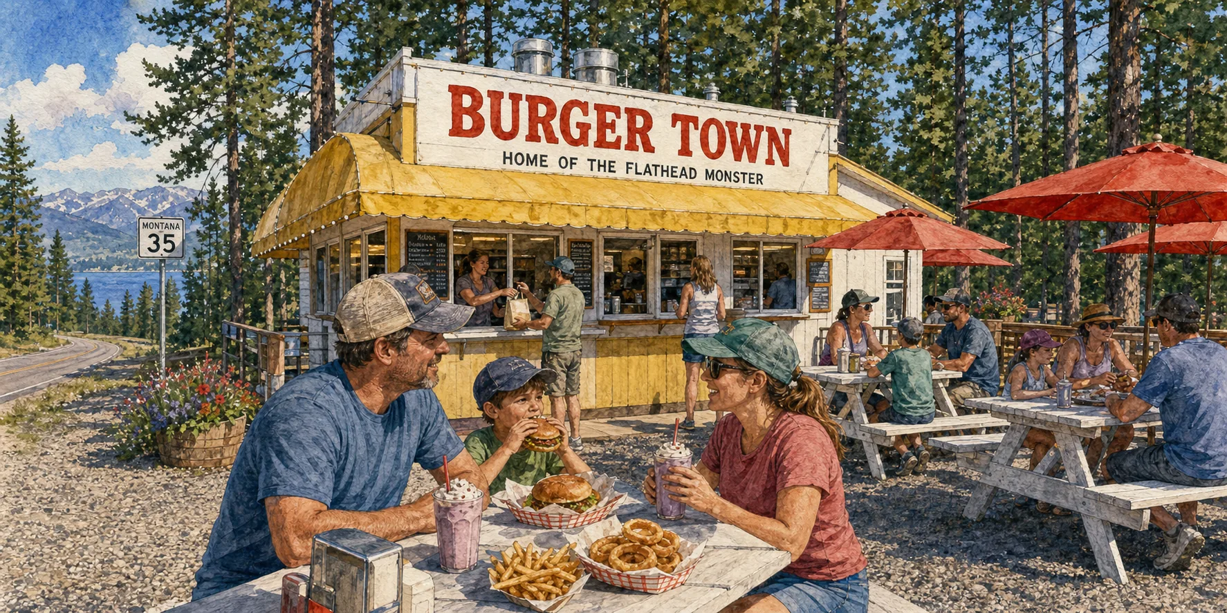 Watercolor of the Burger Town walk-up stand in Bigfork with picnic tables, milkshakes, and Flathead Lake beyond