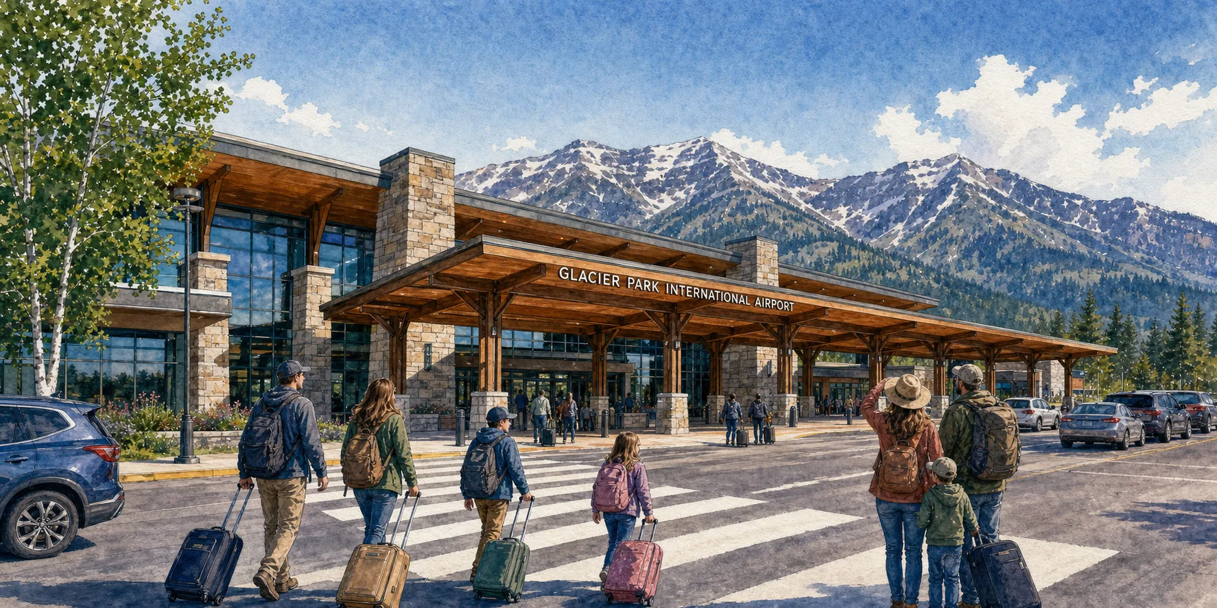 Watercolor of travelers crossing to the Glacier Park International Airport terminal with mountains behind