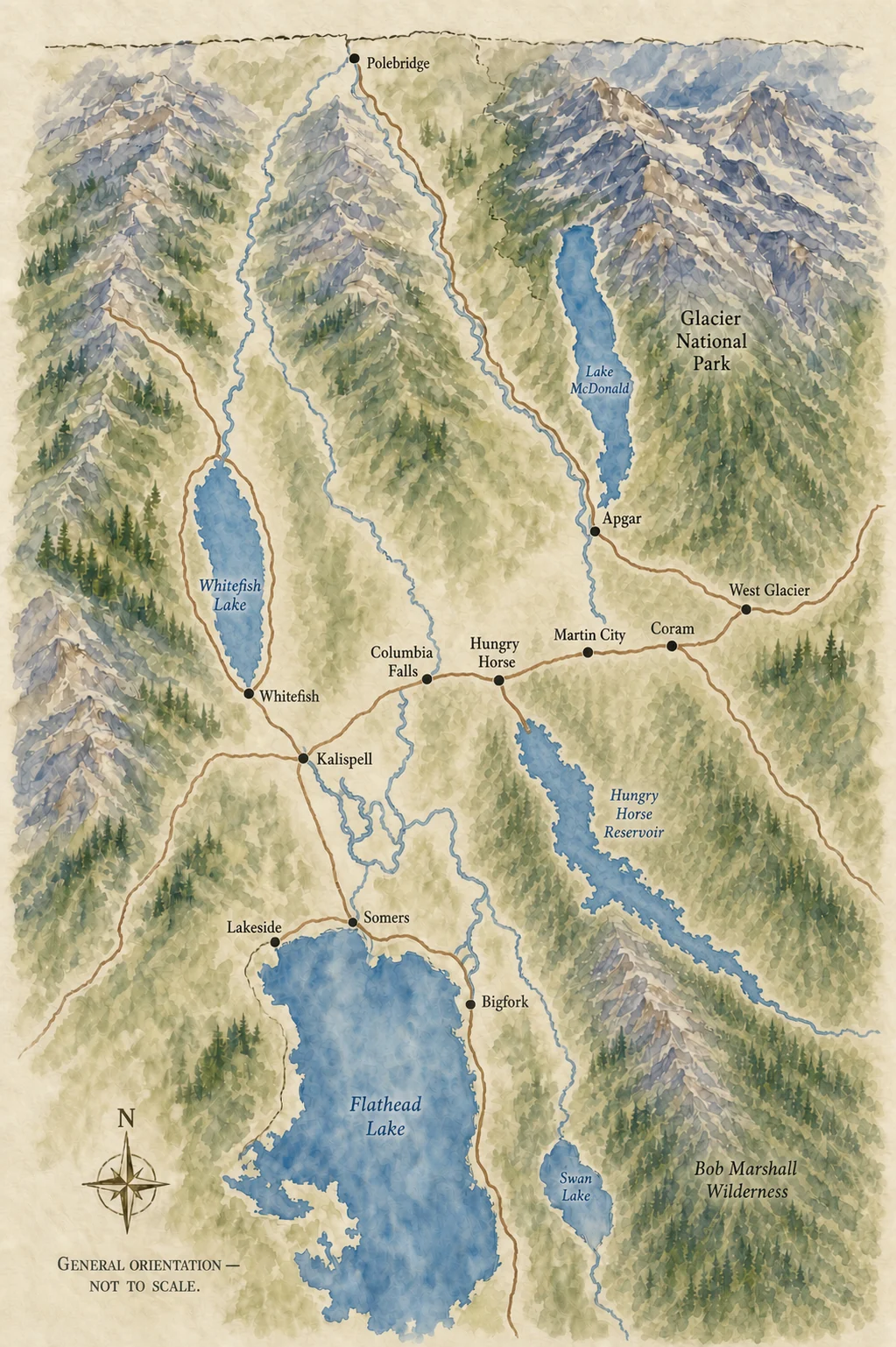 Hand-drawn watercolor map of the Flathead Valley showing Whitefish, Kalispell, Columbia Falls, Bigfork, Hungry Horse, Flathead Lake, Hungry Horse Reservoir, Glacier National Park, and the Bob Marshall Wilderness