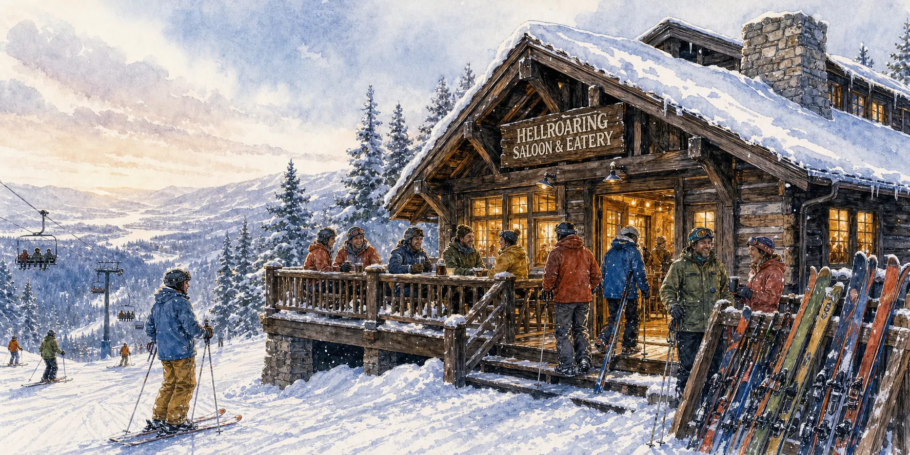 Watercolor of skiers gathered on the snowy deck of the Hellroaring Saloon with the chairlift beyond