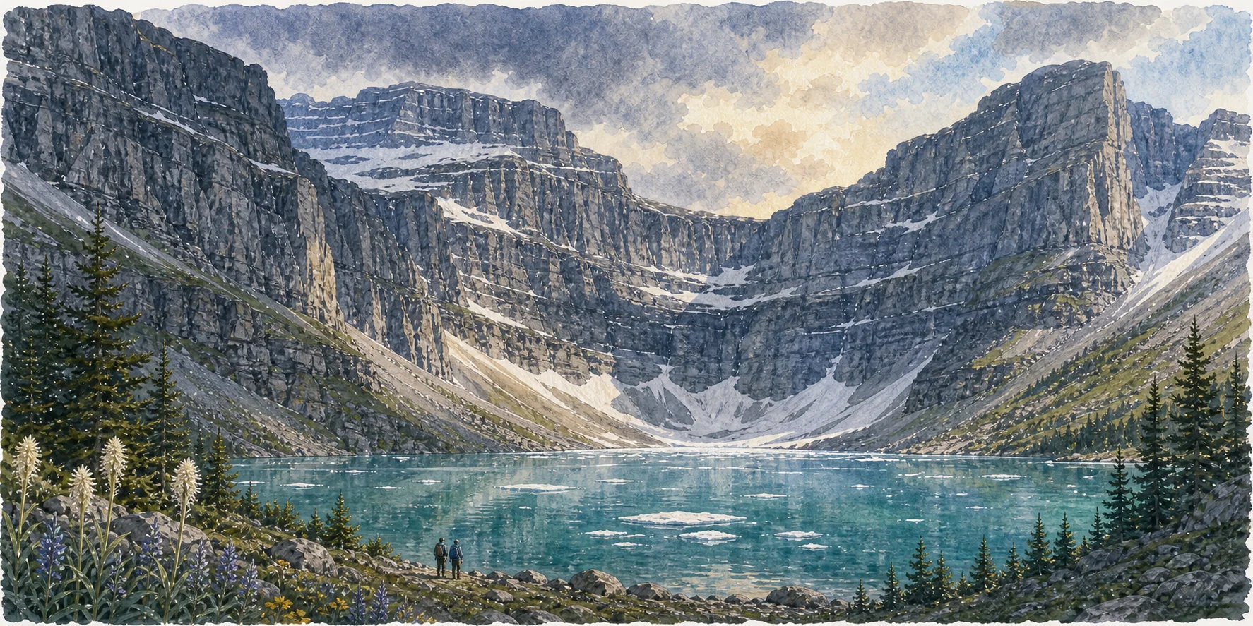 Watercolor of Iceberg Lake with floating ice, sheer cirque walls, and beargrass along the trail
