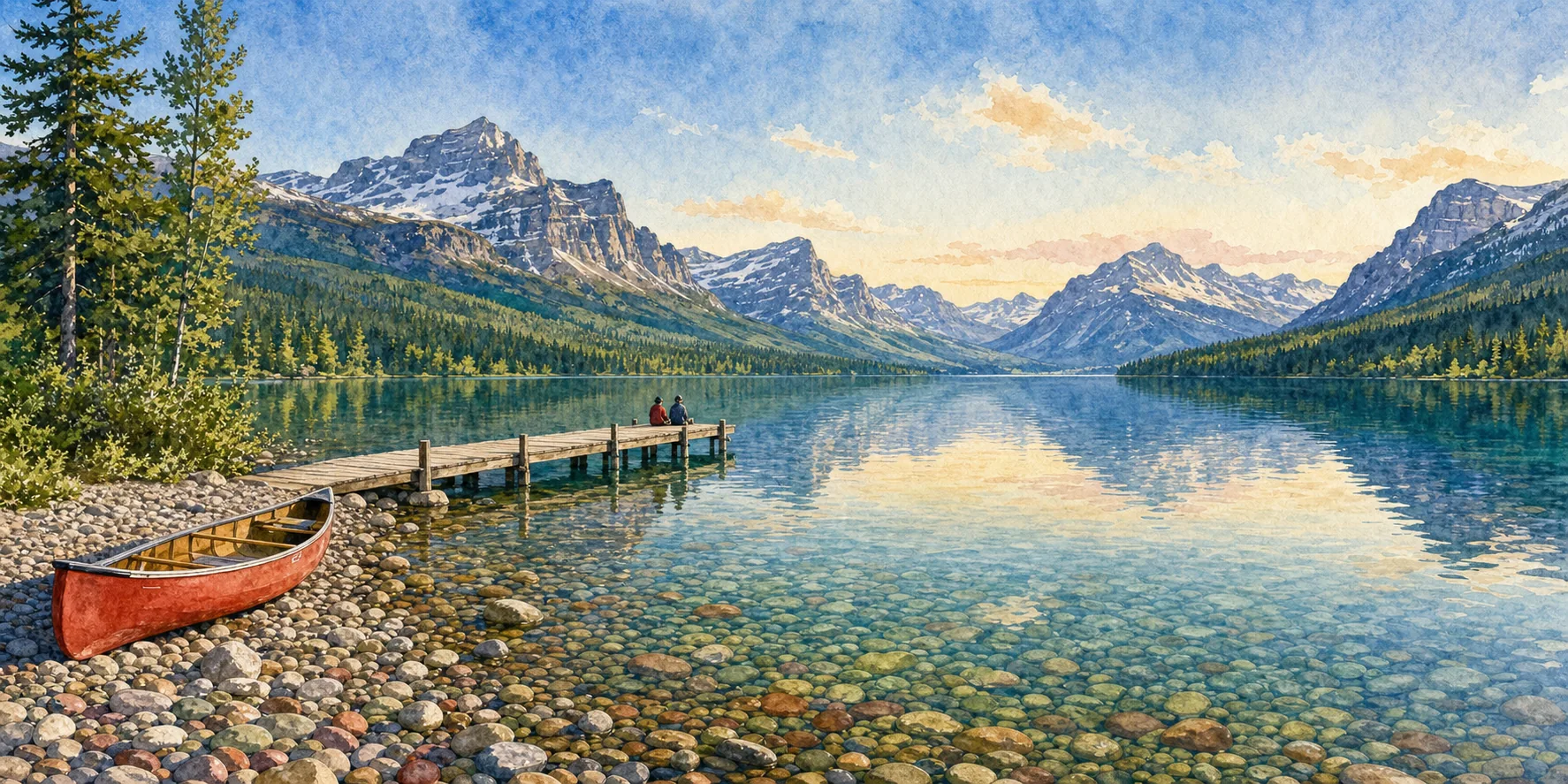 Watercolor of Lake McDonald from Apgar with a red canoe on the pebbled shore and a dock reaching into clear water