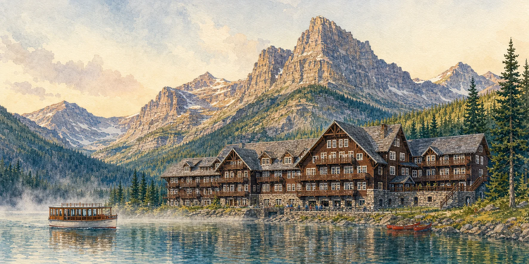 Watercolor of Many Glacier Hotel on Swiftcurrent Lake with a tour boat and peaks behind