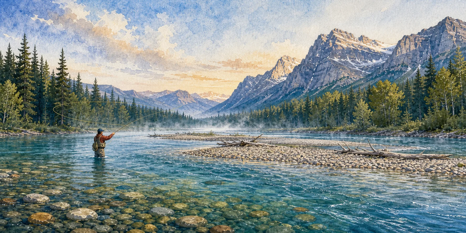 Watercolor of an angler casting a fly line on the North Fork of the Flathead River at first light