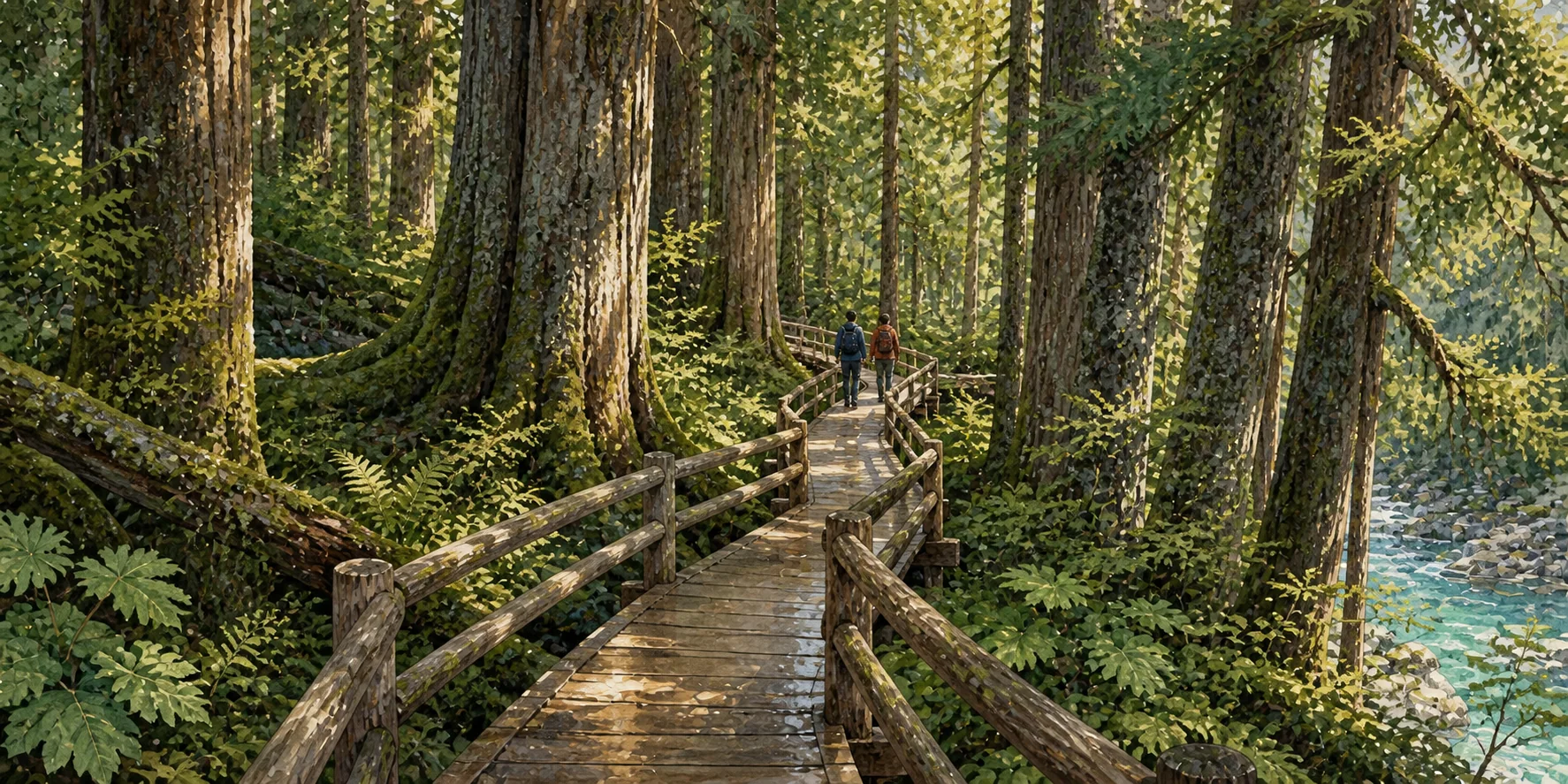 Watercolor of the Trail of the Cedars boardwalk winding between old-growth cedars with walkers on the path