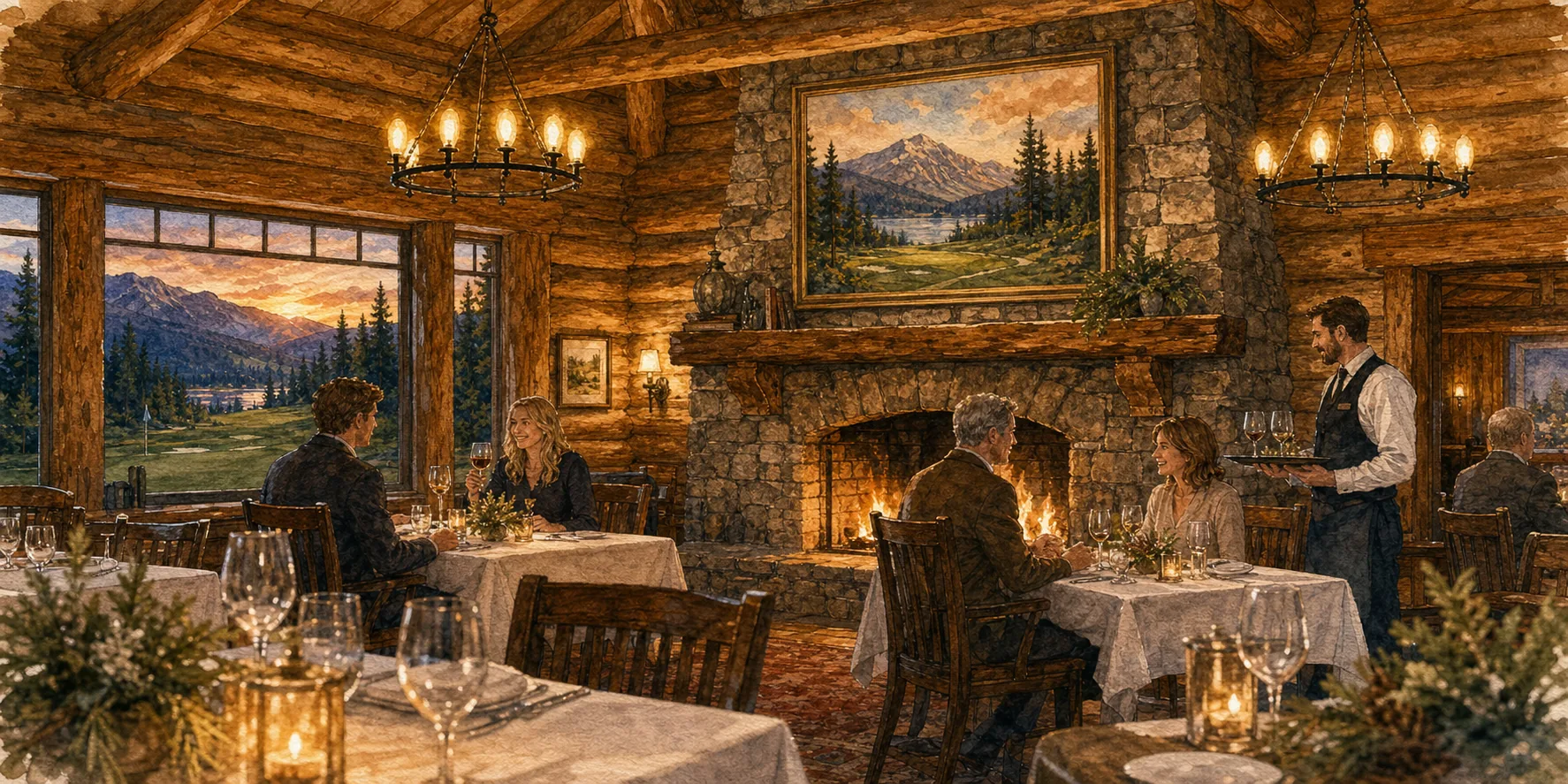 Watercolor of the Whitefish Lake Restaurant dining room with a stone fireplace, white tablecloths, and the golf course at sunset